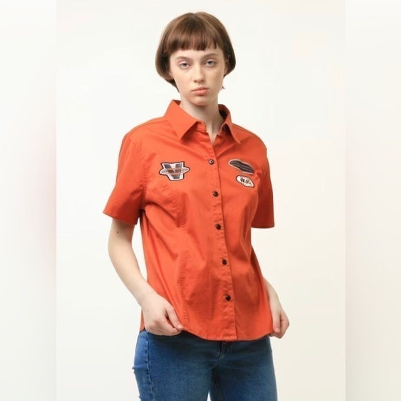 Harley Davidson Orange Women’s Short Sleeve Button Up Shirt with Logos Size M/L - Picture 1 of 15